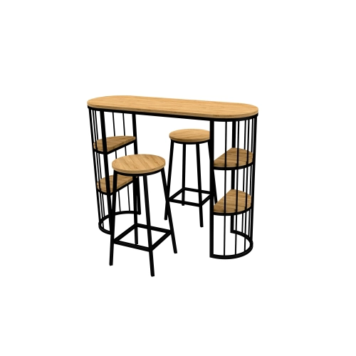 Zestaw Barowo -Jadalniany z Metalu i Drewna Litego Dębowego  Stół + 2 Taborety Model ZETS-34