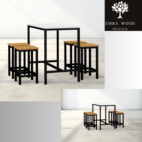 Zestaw Barowo - Jadalniany z Metalu , Blat Biały Płyta MDF  Stół +4 Taborety Model  ZETS-17