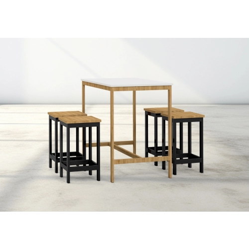 Zestaw Barowo - Jadalniany Nogi z Drewna Litego Dębowego, Blat Biały Płyta MDF Stół + 4 Taborety Model  ZETS-6