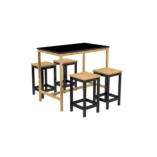 Zestaw Barowo Jadalniany Nogi z Drewna Litego Dębowego, Blat Czarny Płyta MDF Stół + 4 Taborety Model  ZETS-7