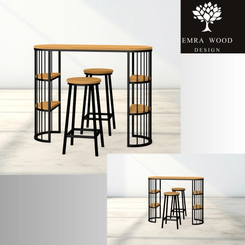 Zestaw Barowo -Jadalniany z Metalu i Drewna Litego Dębowego  Stół + 2 Taborety Model ZETS-34