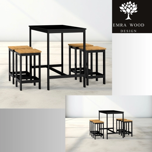 Zestaw Barowo - Jadalniany z Metalu , Blat Czarny Płyta MDF  Stół +4 Taborety Model  ZETS-5
