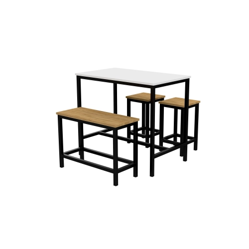 Zestaw Barowo - Jadalniany z Metalu , Blat Biały Płyta MDF  Stół +1 Ławka + 2 Taborety Model  ZETS-14