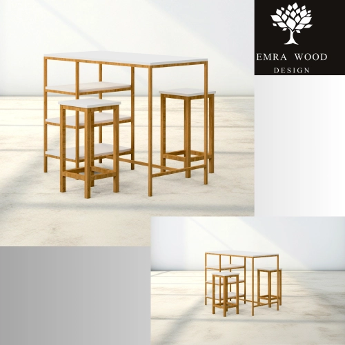 Zestaw Barowo - Jadalniany Nogi z Drewna Litego Dębowego , Blat Biały Płyta MDF Stół + 2 Taborety Model  ZETS-27