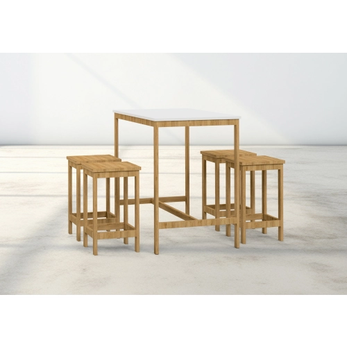 Zestaw Barowo - Jadalniany Nogi z Drewna Litego Dębowego , Blat Biały Płyta MDF Stół + 4 Taborety Model  ZETS-8