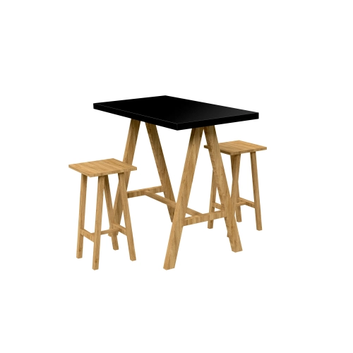 Zestaw Barowo Jadalniany Nogi z Drewna Litego Dębowego , Blat Czarny Płyta MDF  Stół +2 Taborety Model  ZETS-30