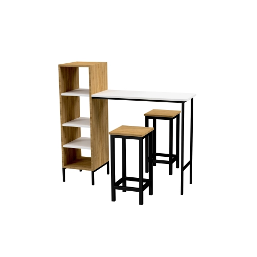 Zestaw Barowo -Jadalniany z Metalu i Drewna Litego Dębowego  Stół + 2 Taborety Model ZETS-23