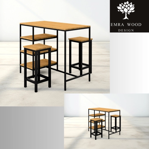 Zestaw Barowo -Jadalniany z Metalu i Drewna Litego Dębowego  Stół + 2 Taborety Model ZETS-19