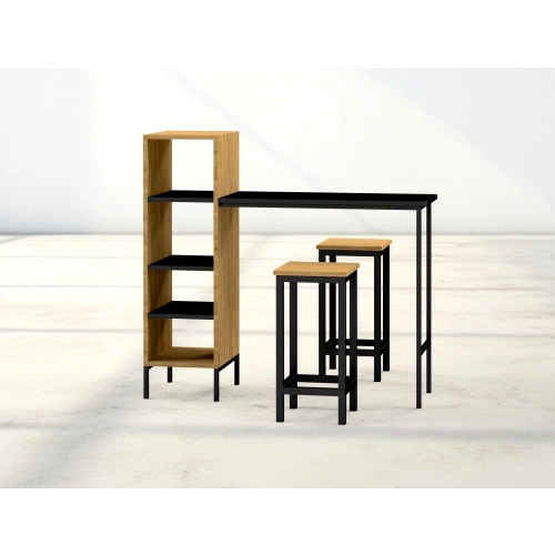 Zestaw Barowo -Jadalniany z Metalu i Drewna Litego Dębowego  Stół + 2 Taborety Model ZETS-24