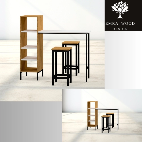 Zestaw Barowo -Jadalniany z Metalu i Drewna Litego Dębowego  Stół + 2 Taborety Model ZETS-23