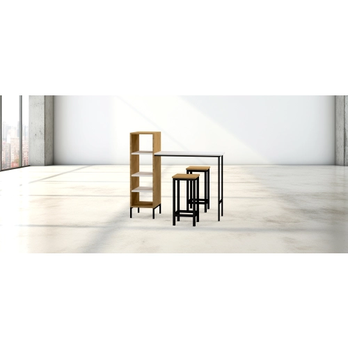 Zestaw Barowo -Jadalniany z Metalu i Drewna Litego Dębowego  Stół + 2 Taborety Model ZETS-23