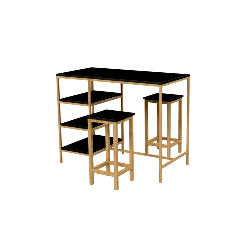 Zestaw Barowo Jadalniany Nogi z Drewna Litego Dębowego , Blat Czarny Płyta MDF  Stół +2 Taborety Model  ZETS-26