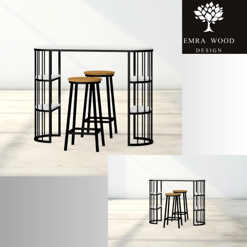 Zestaw Barowo - Jadalniany z Metalu , Blat Biały Płyta MDF  Stół +2 Taborety Model  ZETS-36