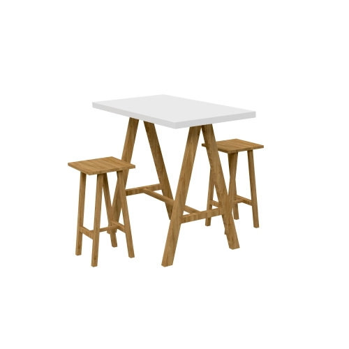 Zestaw Barowo - Jadalniany Nogi z Drewna Litego Dębowego , Blat Biały Płyta MDF Stół + 2 Taborety Model  ZETS-29