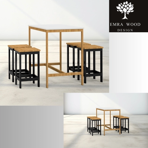 Zestaw Barowo - Jadalniany Nogi z Drewna Litego Dębowego, Blat Biały Płyta MDF Stół + 4 Taborety Model  ZETS-6