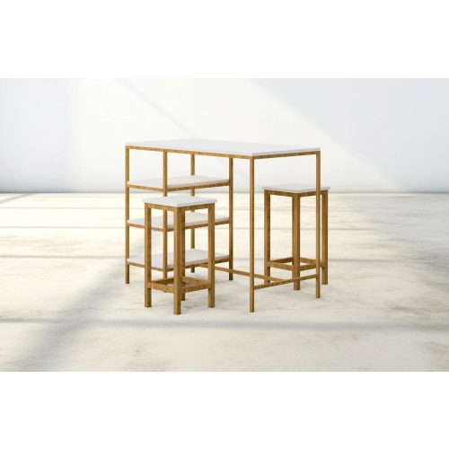 Zestaw Barowo - Jadalniany Nogi z Drewna Litego Dębowego , Blat Biały Płyta MDF Stół + 2 Taborety Model  ZETS-27