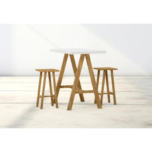 Zestaw Barowo - Jadalniany Nogi z Drewna Litego Dębowego , Blat Biały Płyta MDF Stół + 2 Taborety Model  ZETS-29