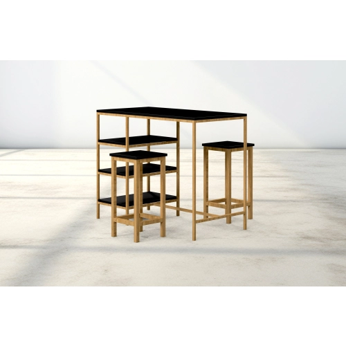 Zestaw Barowo Jadalniany Nogi z Drewna Litego Dębowego , Blat Czarny Płyta MDF  Stół +2 Taborety Model  ZETS-26