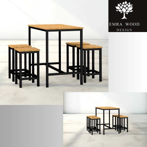 Zestaw Barowo -Jadalniany z Metalu i Drewna Litego Dębowego  Stół + 4 Taborety Model ZETS-16