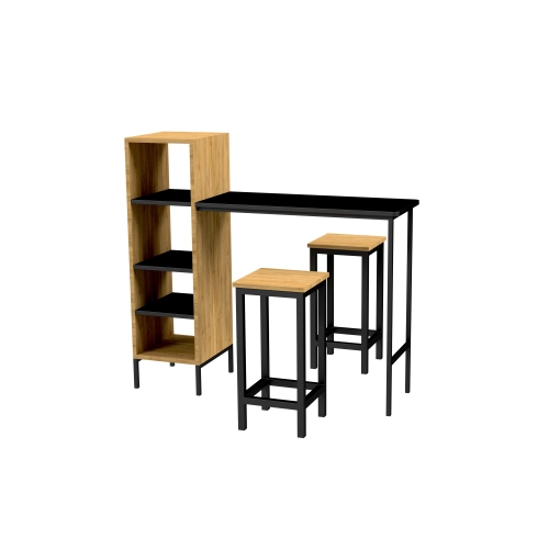 Zestaw Barowo -Jadalniany z Metalu i Drewna Litego Dębowego  Stół + 2 Taborety Model ZETS-24