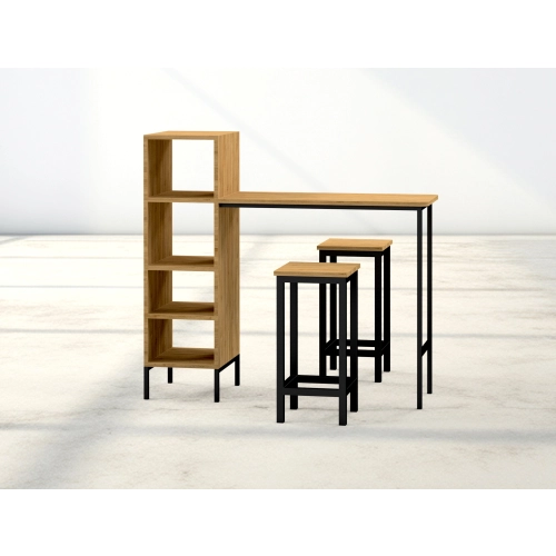 Zestaw Barowo -Jadalniany z Metalu i Drewna Litego Dębowego  Stół + 2 Taborety Model ZETS-20