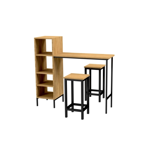 Zestaw Barowo -Jadalniany z Metalu i Drewna Litego Dębowego  Stół + 2 Taborety Model ZETS-20