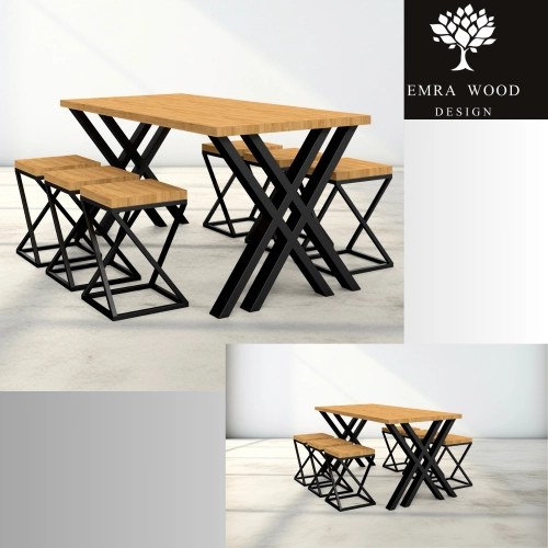 Zestaw Barowo -Jadalniany z Metalu i Drewna Litego Dębowego  Stół + 6 Taboretów Model  ZETS-3