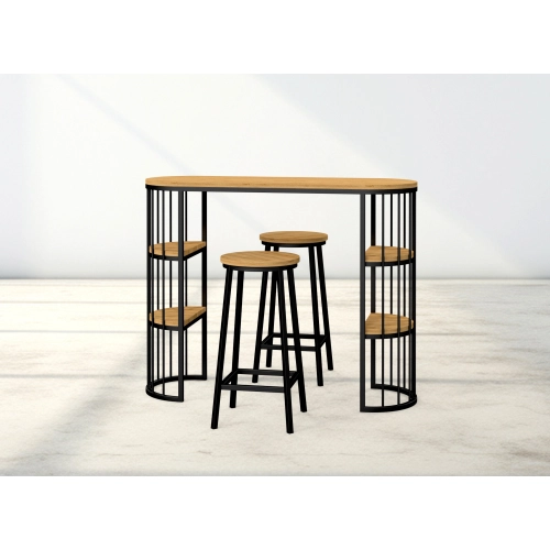 Zestaw Barowo -Jadalniany z Metalu i Drewna Litego Dębowego  Stół + 2 Taborety Model ZETS-34