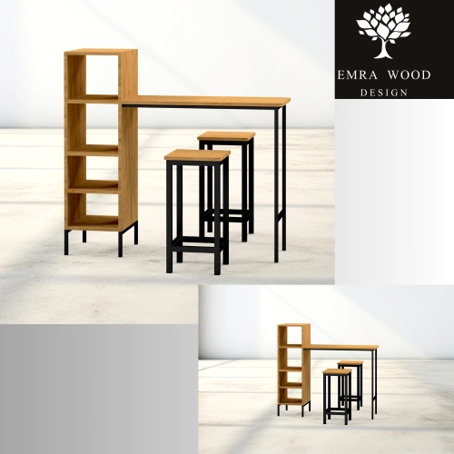 Zestaw Barowo -Jadalniany z Metalu i Drewna Litego Dębowego  Stół + 2 Taborety Model ZETS-20