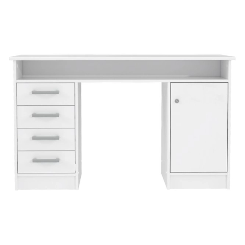 Białe biurko 125x55 cm z 4 szufladami i zamykaną szafką na klucz