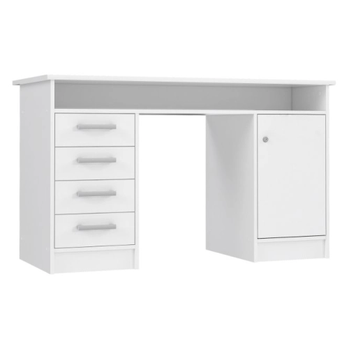 Białe biurko 125x55 cm z 4 szufladami i zamykaną szafką na klucz