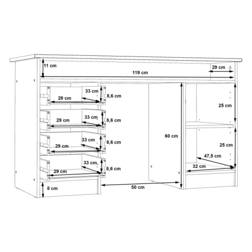 Białe biurko 125x55 cm z 4 szufladami i zamykaną szafką na klucz