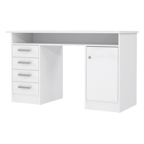 Białe biurko 125x55 cm z 4 szufladami i zamykaną szafką na klucz