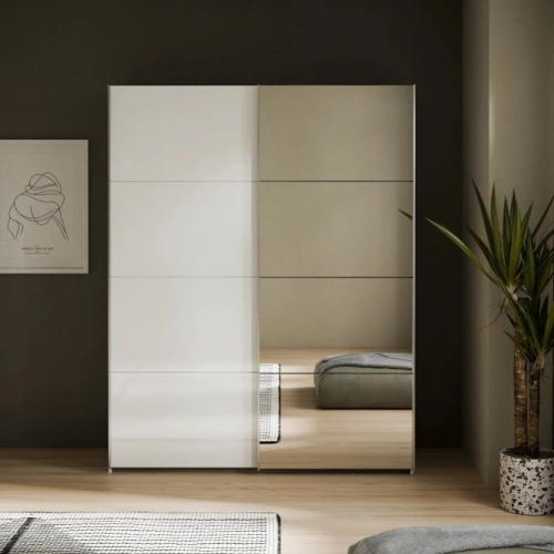 Szafa ubraniowa z lustrem 150 cm Kolor Biały / Biały połysk