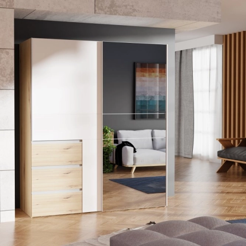 Szafa przesuwna z lustrem i szufladami 170 cm Dąb Artisan / Biały