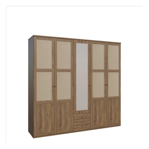Szafa z lustrem i szufladami 220 cm Dąb Valencia/Rattan naturalny