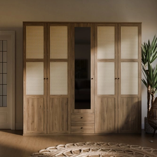 Szafa z lustrem i szufladami 220 cm Dąb Valencia/Rattan naturalny