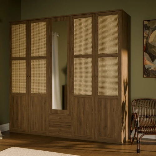 Szafa z lustrem i szufladami 220 cm Dąb Valencia/Rattan naturalny