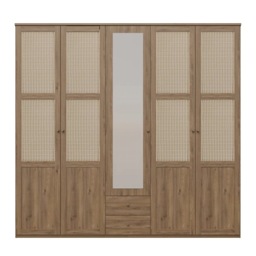 Szafa z lustrem i szufladami 220 cm Dąb Valencia/Rattan naturalny