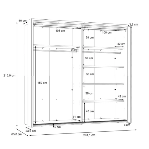 Szafa przesuwna z lustrem i oświetleniem 230 cm Dąb Artisan/Dąb Czarny