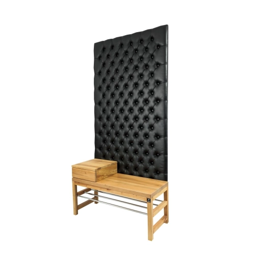 Ławka z Panelem Ściennym Pikowanym Ekoskóra Czarna Siedzisko Drewno Lite LPPK-16 Rozmiary od 50 cm do 100 cm