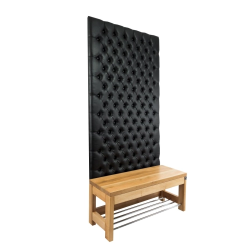 Ławka z Panelem Ściennym Pikowanym Ekoskóra Czarna Siedzisko Drewno Lite LPPK-17 Rozmiary od 50 cm do 100 cm