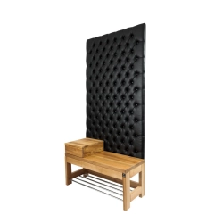 Ławka z Panelem Ściennym Pikowanym Czarna Ekoskóra Siedzisko  Drewno Lite LPPK-18 Rozmiary od 50 cm do 100 cm