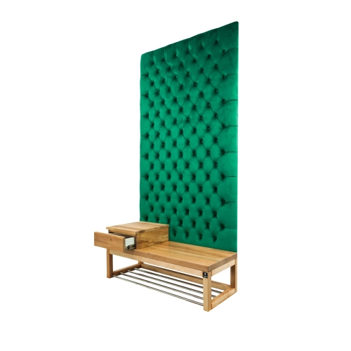 Ławka z Panelem Ściennym Pikowanym Butelkowa Zieleń Siedzisko  Drewno Lite LPPK-30 Rozmiary od 50 cm do 100 cm