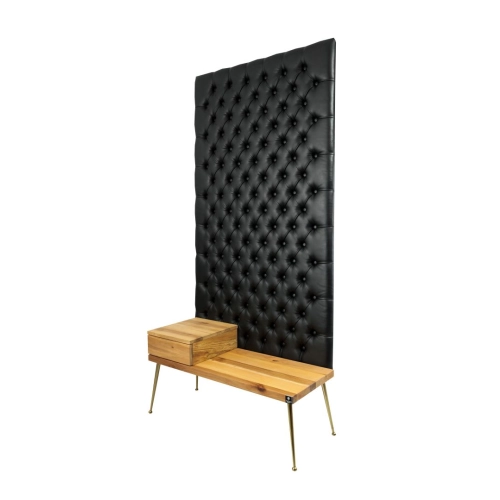 Ławka z Panelem Ściennym Pikowanym Ekoskóra Czarna Siedzisko Drewno Lite LPPK-4 Rozmiary od 50 cm do 100 cm