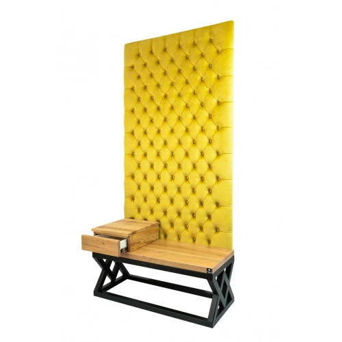 Ławka Metalowa z Panelem Ściennym Pikowanym Cytrynowa Żółcień Siedzisko z Drewna Litego LPPK-46 Rozmiary od 50 cm do 100 cm