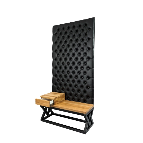 Ławka Metalowa z Panelem Ściennym Pikowanym Czarna Ekoskóra Siedzisko Drewno Lite LPPK-46 Rozmiary od 50 cm do 100 cm