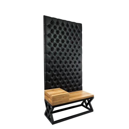 Ławka Metalowa z Panelem Ściennym Pikowanym Czarna Ekoskóra Siedzisko Drewno Lite LPPK-46 Rozmiary od 50 cm do 100 cm