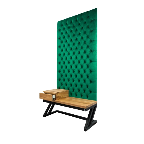 Ławka Metalowa z Panelem Ściennym Pikowanym Butelkowa Zieleń Siedzisko Drewno Lite LPPK-50 Rozmiary od 50 cm do 100 cm