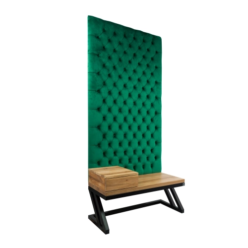 Ławka Metalowa z Panelem Ściennym Pikowanym Butelkowa Zieleń Siedzisko Drewno Lite LPPK-50 Rozmiary od 50 cm do 100 cm